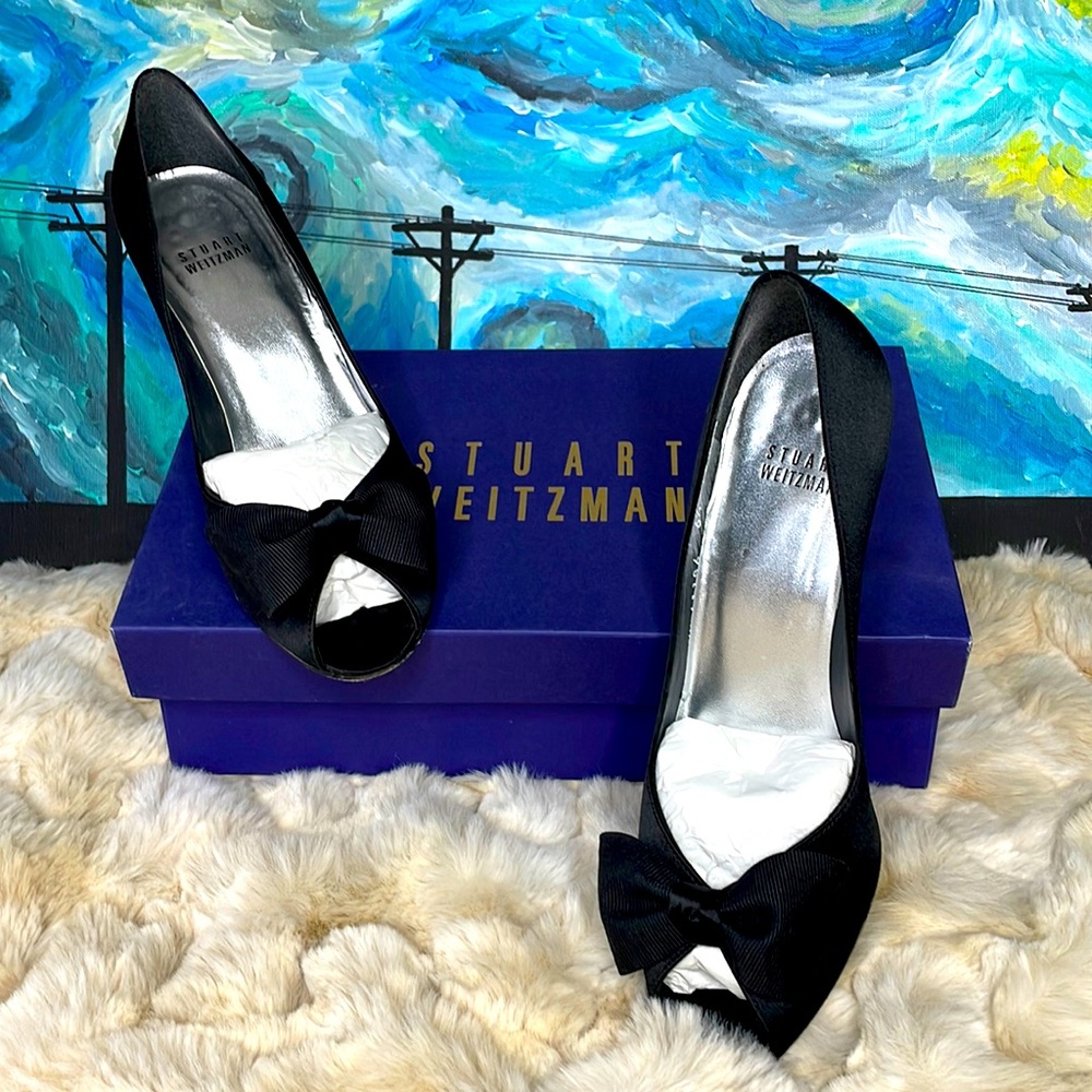 {Stuart Weitzman} Black Satin Pumps with Bows and Original Box/Packaging
